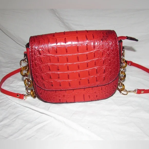 Red Croc-Embossed Shoulder Bag - Picture 1 of 12